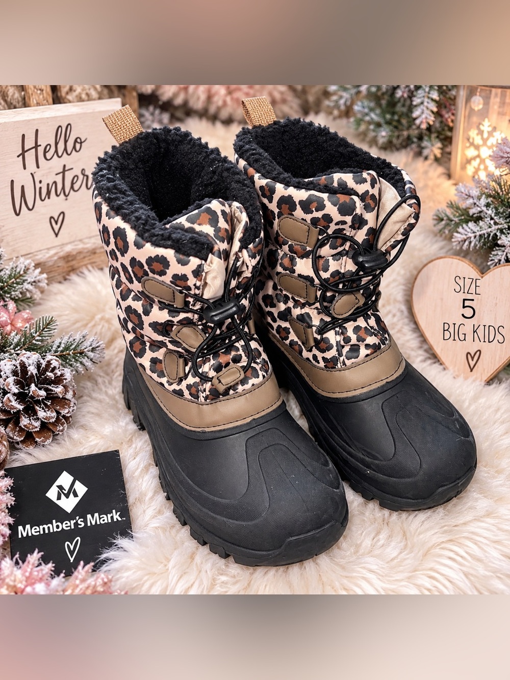 🐆 Members Mark Leopard Print Winter Snow Boots – Girls’ Size 5 Big Kids